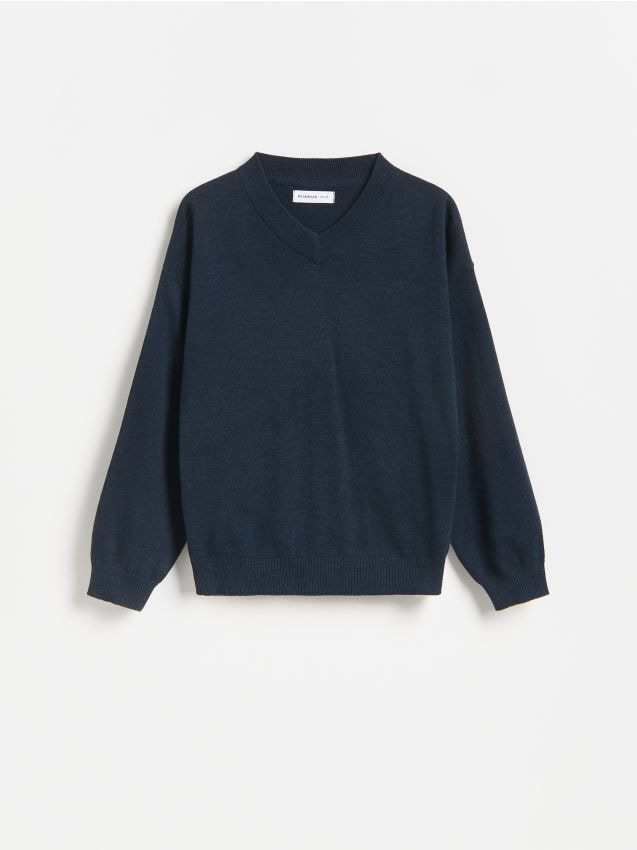 Reserved - Sweter z dekoltem V - granatowy