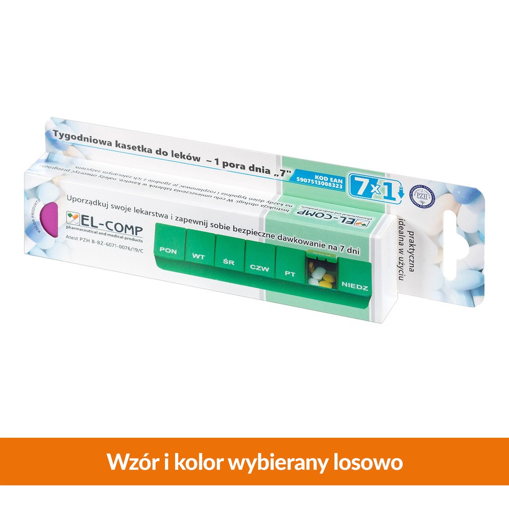 EL-COMP CEZARY KOSTUCH Kasetka dozownik do leków tygodniowa 7 na jedną porę dnia 1 szt 9079096