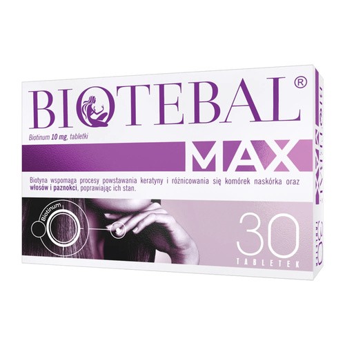 Polpharma Biotebal MAX, biotyna 10 mg, na włosy i paznokcie, 30 tabletek