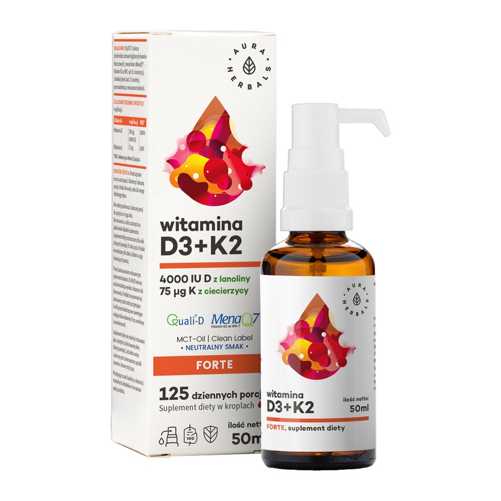 Aura Herbals Witamina D3 4000 IU + K2MK7, MCT, krople 50 ml D4000K50
