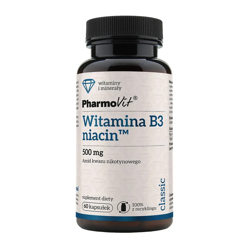 Witamina B3 Niacyna Niacin amid kwasu nikotynowego 500mg 60 kapsułek PharmoVit