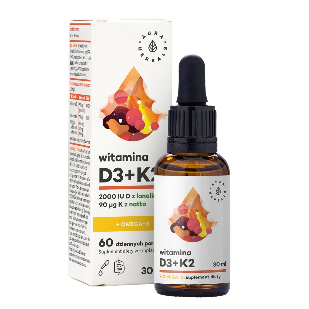 Aura Herbals Witamina D3 (2000 IU) + K2mk7 + Omega-3 krople (30ml) D3K2OMEGA