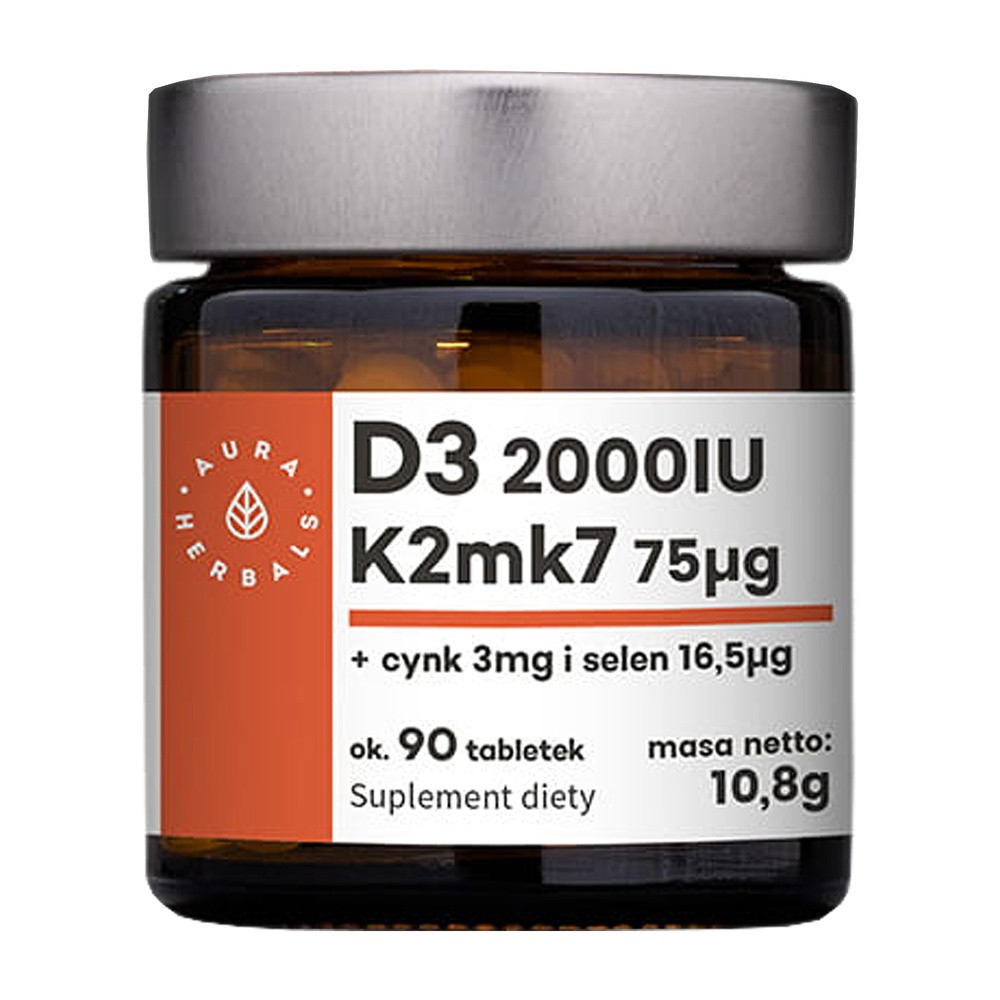 AURA HERBALS Witamina D3 (2000IU) + K2mk7 (75mcg) + Cynk + Selen - tabletki 10,8g (90 tabl.) 21AURWISDK