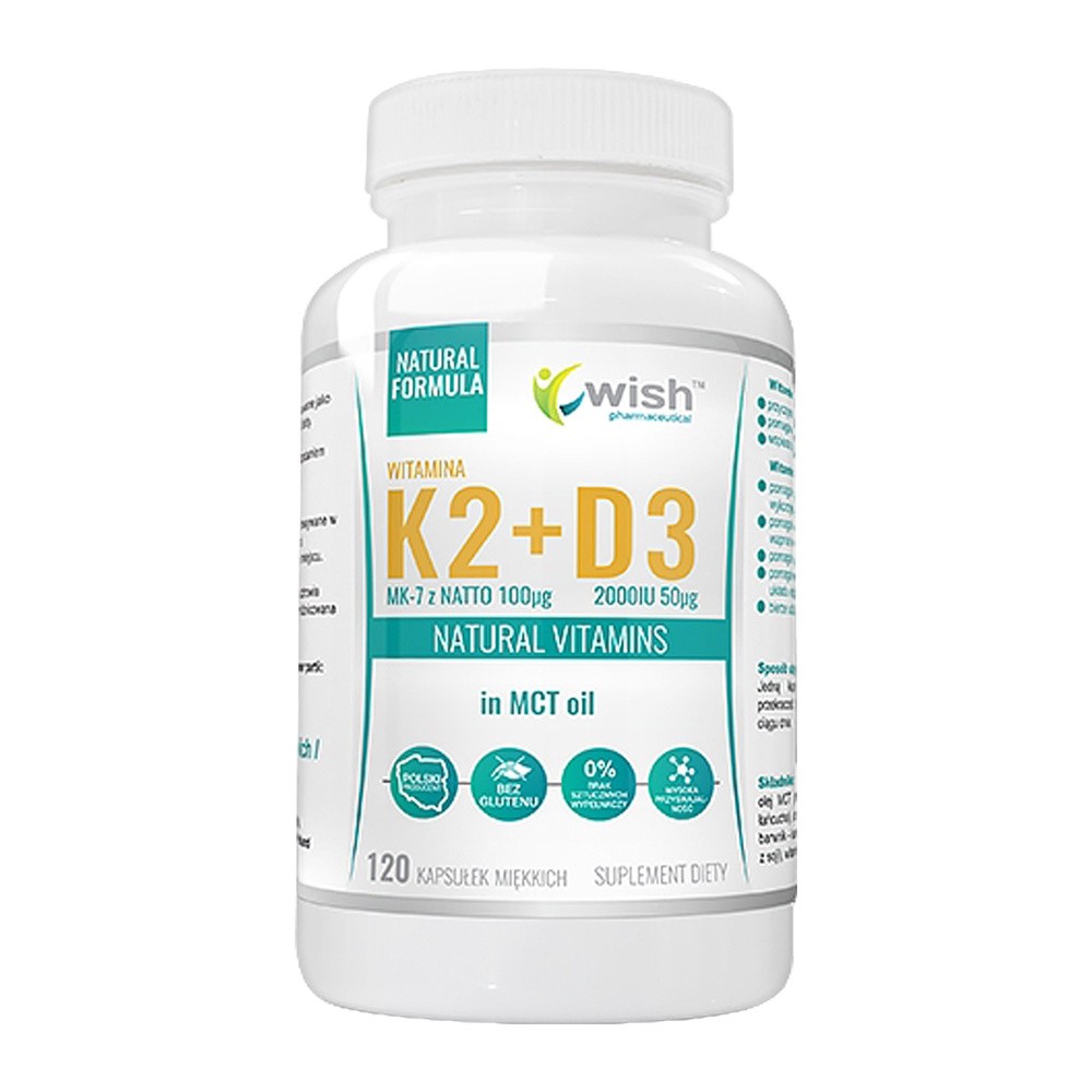 Wish , Witamina K2, MK-7 100mcg + D3 2000IU 50mcg in MCT Oil, 120 kapsułek