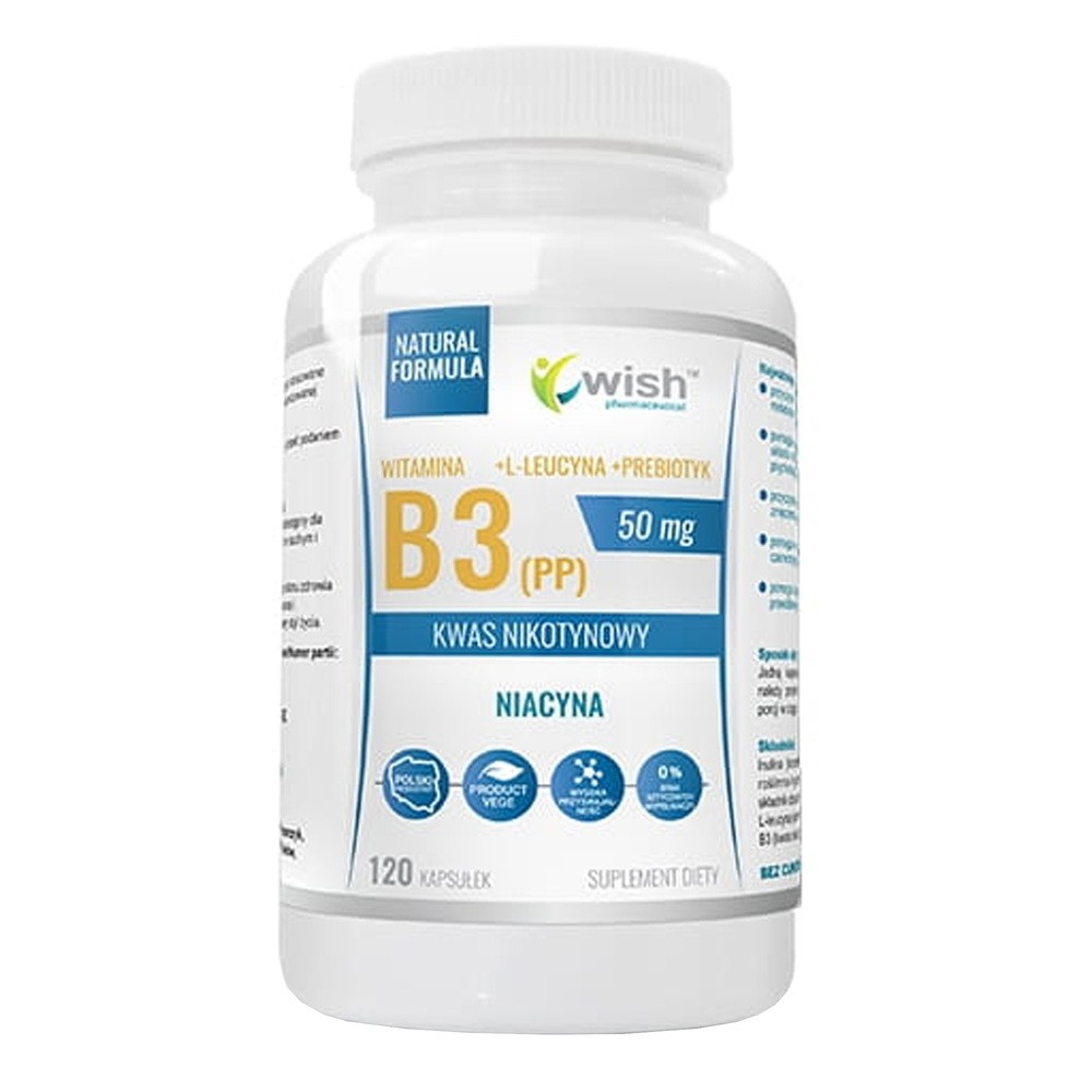 Wish WISH Niacyna Witamina B3 PP) 50mg + L-Leucyna + Prebiotyk Kwas Nikotynowy suplement diety 120 kapsułek
