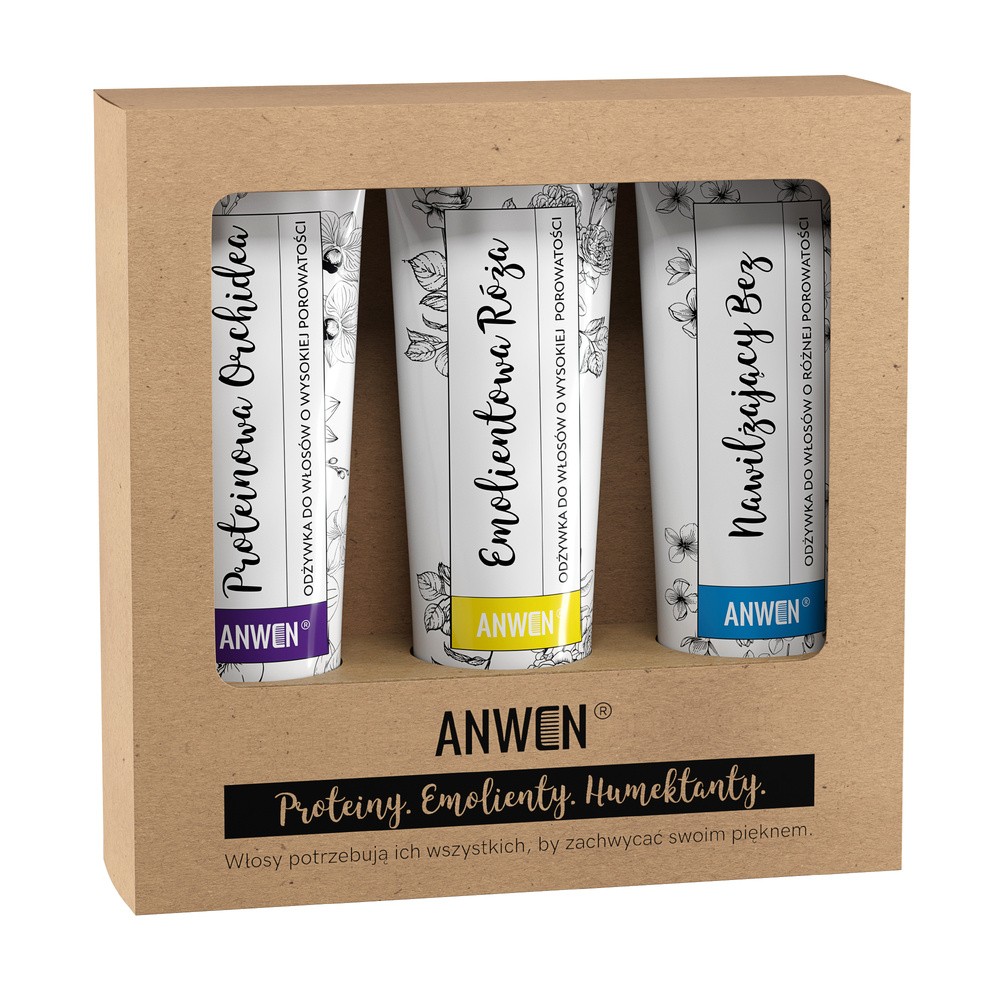 ANWEN ANWEN Odżywki do włosów o wysokiej porowatości Proteinowa Orchidea 100ml + Emolientowa Róża 100ml + Nawilżający Bez 100ml