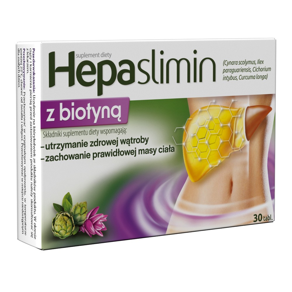 Aflofarm Hepaslimin z biotyną, na wątrobę i prawidłową wagę oraz włosy, 30 tabletek
