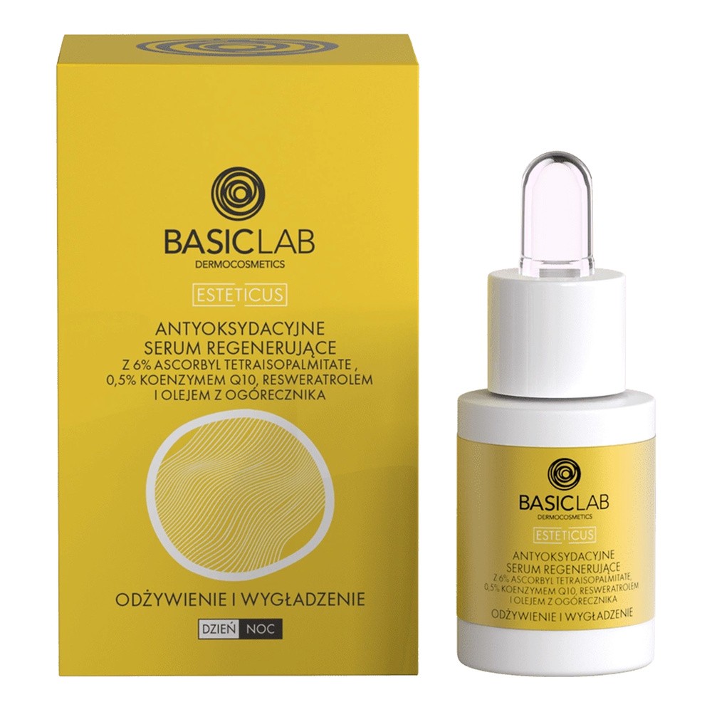 BASICLAB Esteticus antyoksydacyjne serum regenerujące z 6% ascorbyl tetraisopalmitate 0.5% koenzymem Q10 i olejem z ogórecznika 15ml 102374-uniw