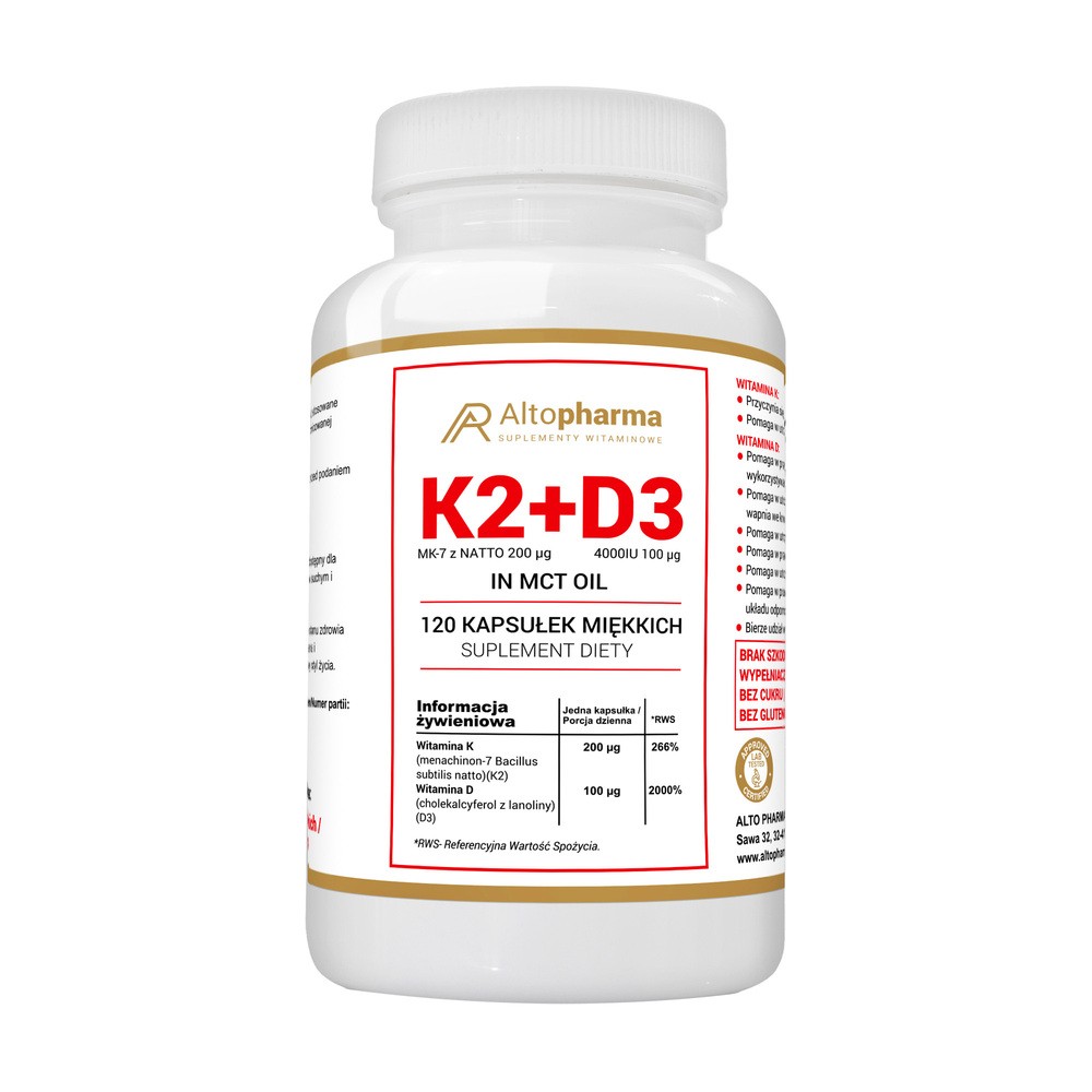 Altopharma Witamina K2 MK-7 z Natto 200 g + D3 4000 IU 100 g + Olej MCT 120 kapsułek miękkich 1146133