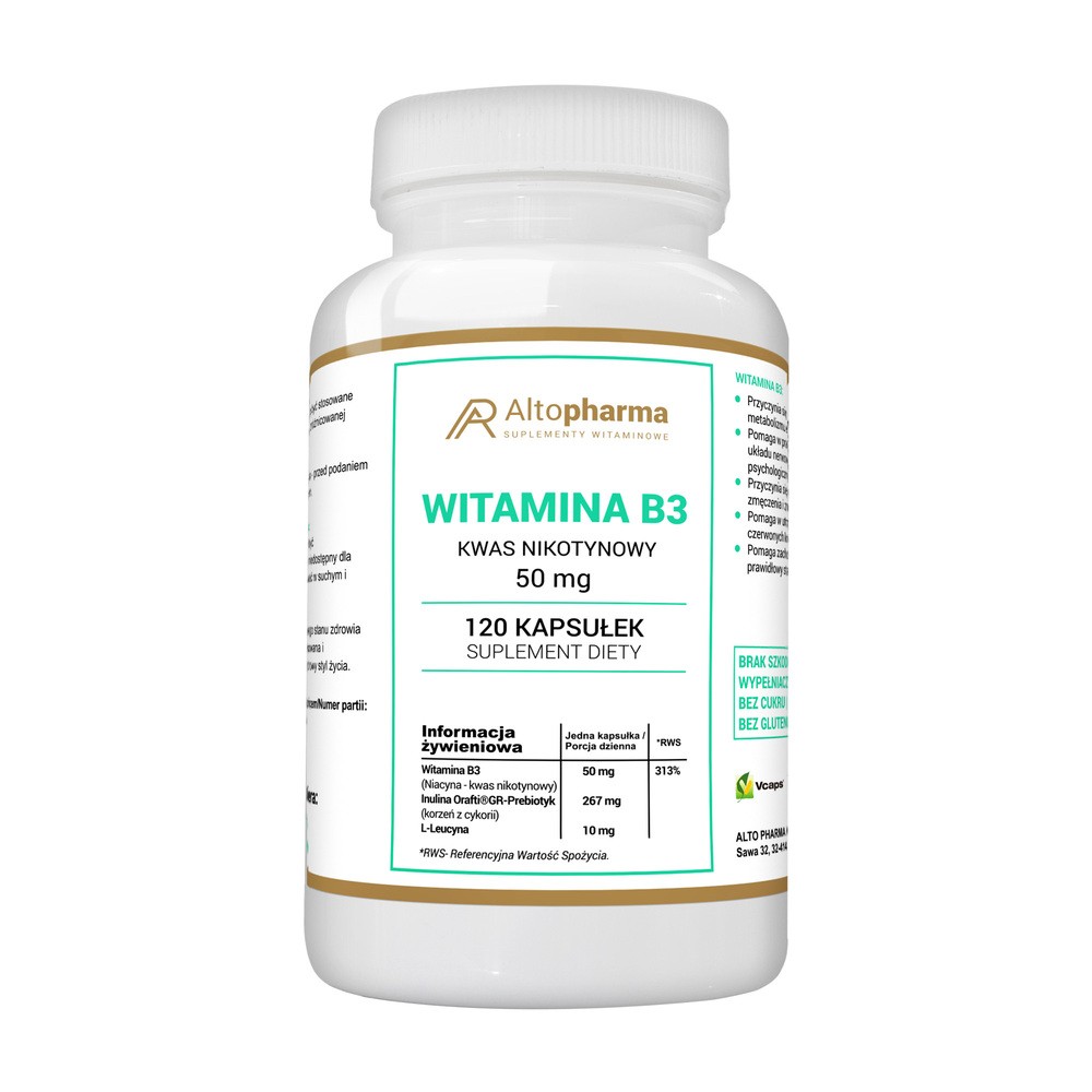 ALTO PHARMA Niacyna Witamina B3 PP 50mg (Kwas nikotynowy) 120 Kapsułek wegańskich