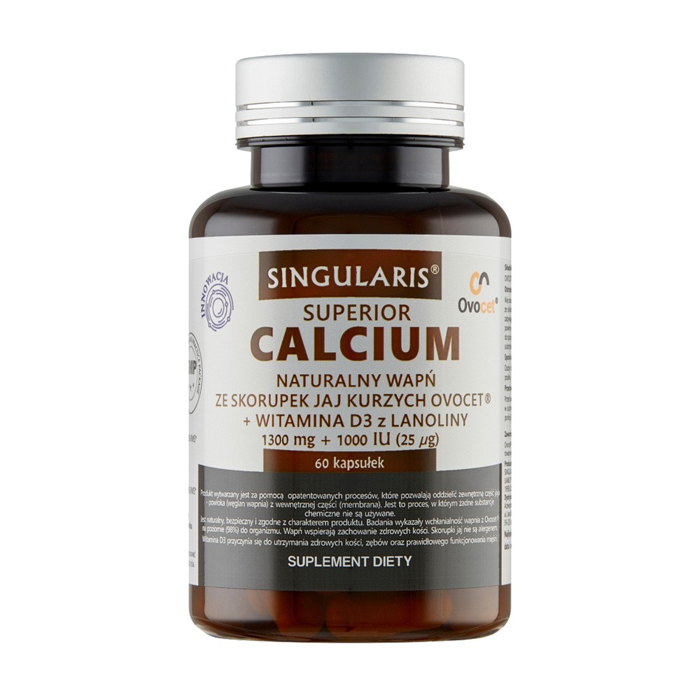 Singularis Calcium naturalny wapń ze skorupek jaj kurzych + witamina D3 z lanoliny, suplement diety, 60 kapsułek