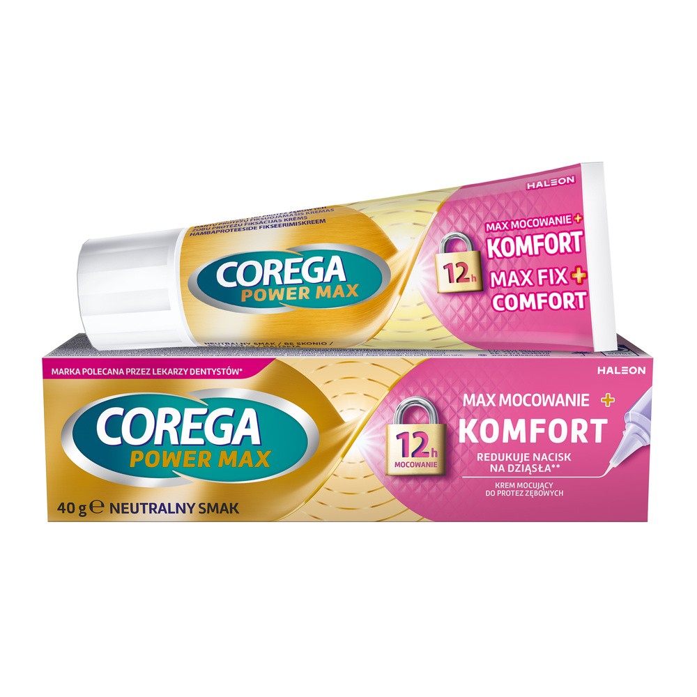 Corega Power Max Mocowanie + Komfort krem mocujący do protez zębowych o neutralnym smaku 40g