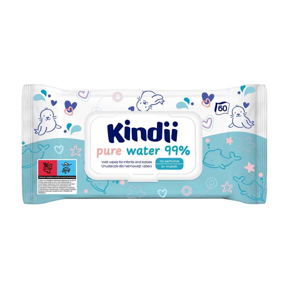 Kindii Pure Water 99 % Chusteczki dla niemowląt i dzieci 60 sztuk