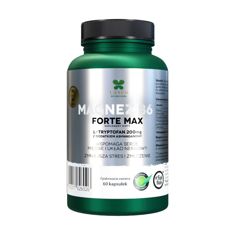 Lanco, Magnez b6 forte max + l-tryptofan 200mg z dodatkiem ashwagandhy, 60 kaps.