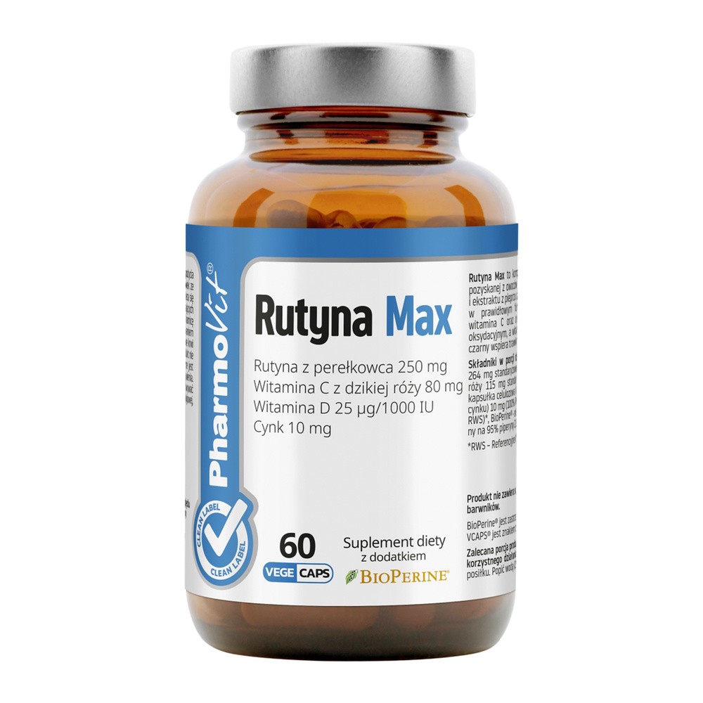 Rutyna Max z perełkowca witamina C z dzikiej róży witamina D i cynk 60 kapsułek PharmoVit 5902811239721
