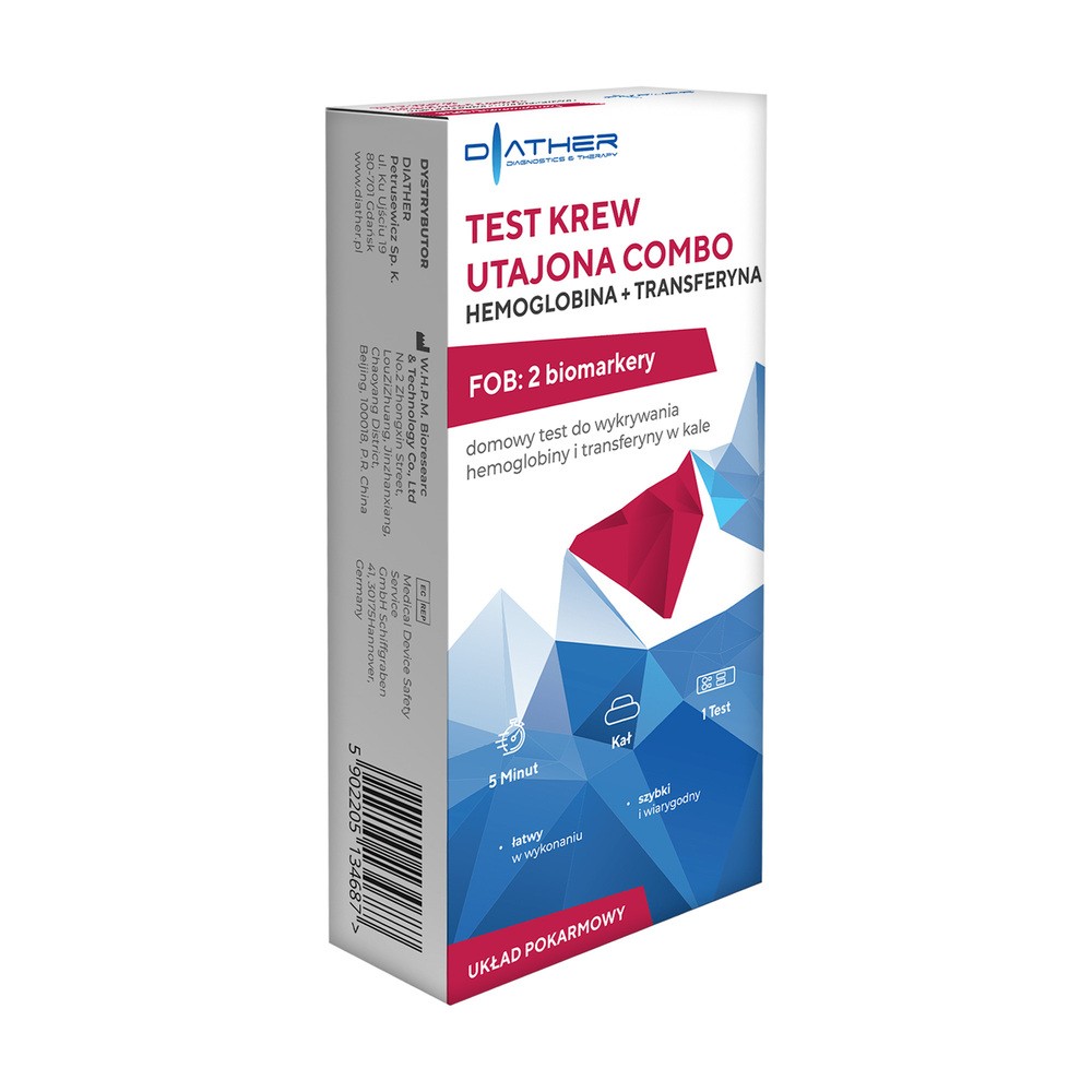 Test Krew utajona Combo Hemoglobina + Transferyna, 1 sztuka /Diather/