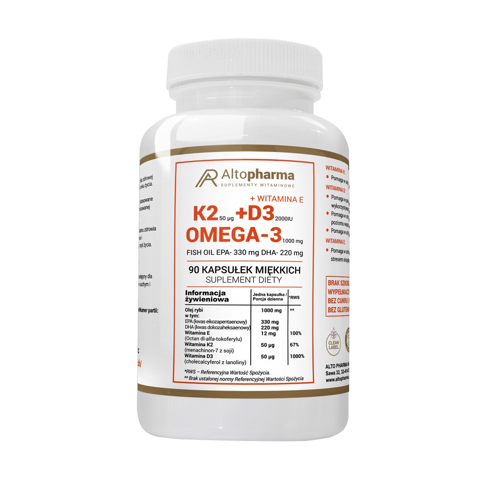 AltoPharma, Witamina K2 MK-7 50µg + D3 2000IU + Omega, 90 kapsułek miękkich