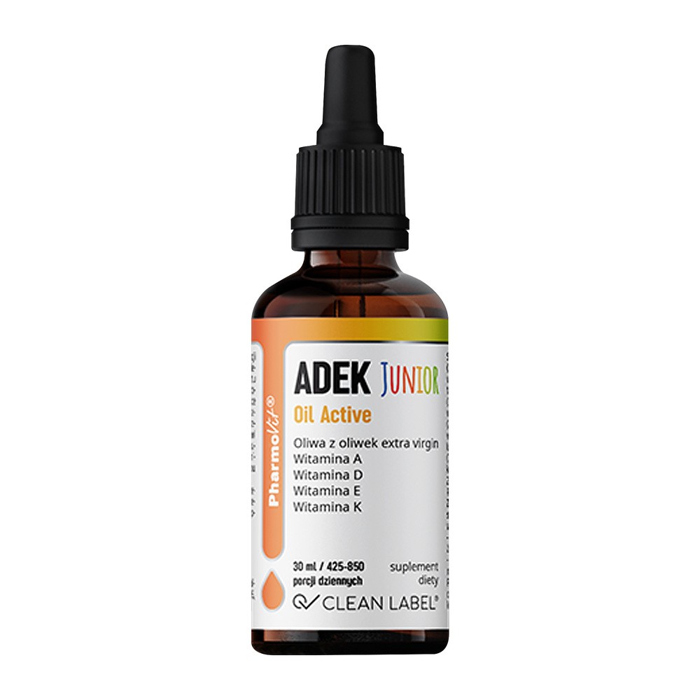 WITAMINA ADEK JUNIOR DLA DZIECI W KROPLACH (300 mcg + 10 mcg + 4 mg + 20 mcg) BEZGLUTENOWE 30 ml - PHARMOVIT (CLEAN LABEL) 5902811239936
