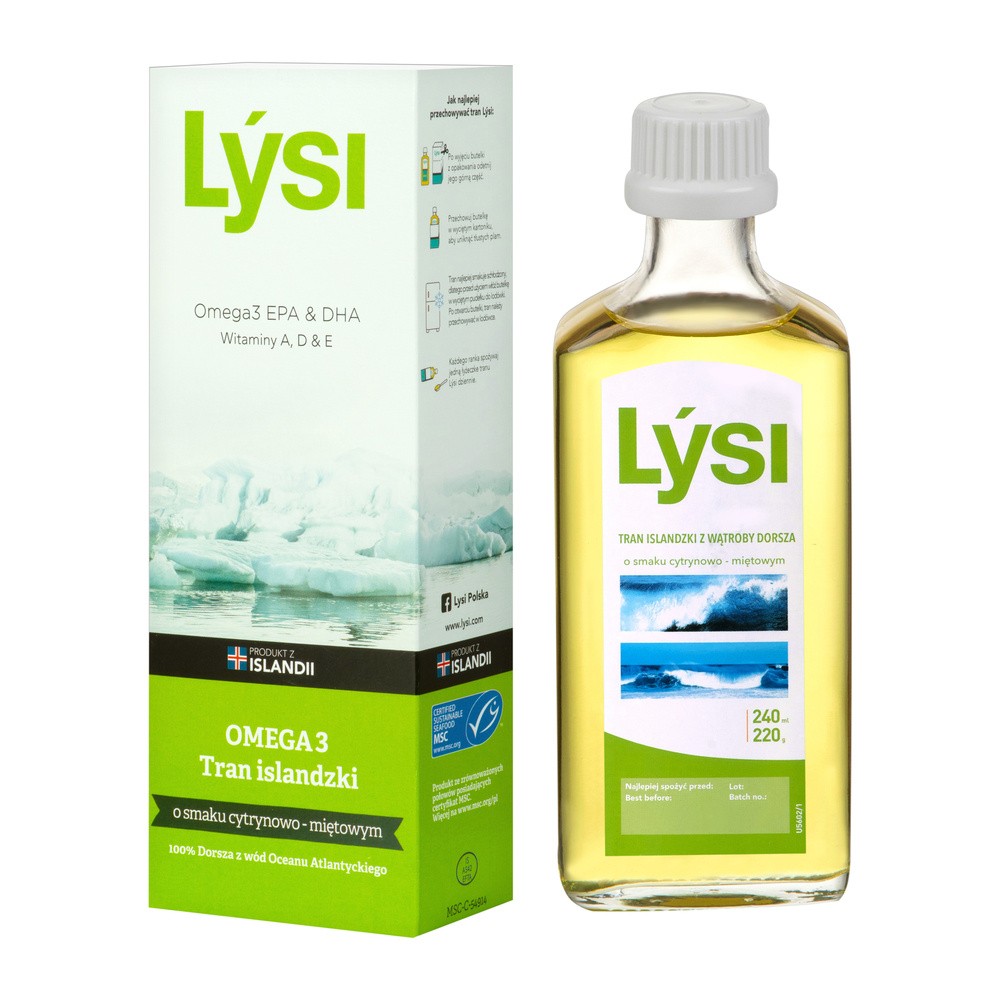 Lysi Tran Islandzki o smaku cytrynowo-miętowym, 240 ml