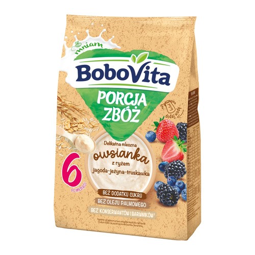 BoboVita Porcja zbóż Kaszka mleczna owsianka z ryżem jagoda-jeżyna-truskawka, 210g - >>> DARMOWA od 99zł