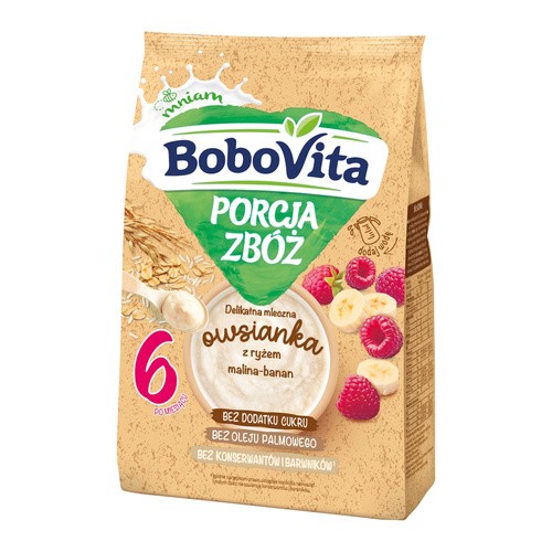 BoboVita Porcja zbóż Delikatna mleczna owsianka z ryżem malina-banan po 6 miesiącu 210 g