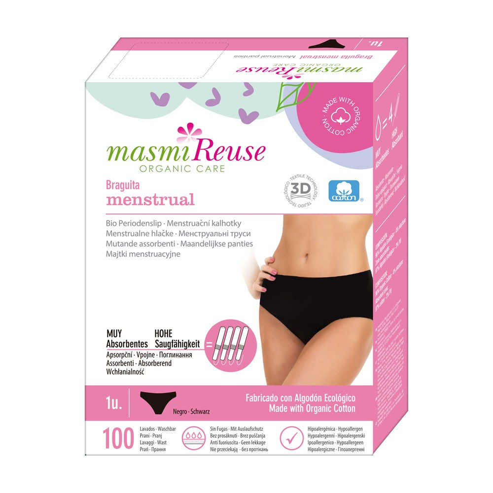 Masmi Organic Care, majtki menstruacyjne, rozmiar M (40/42), czarne, 1 sztuka