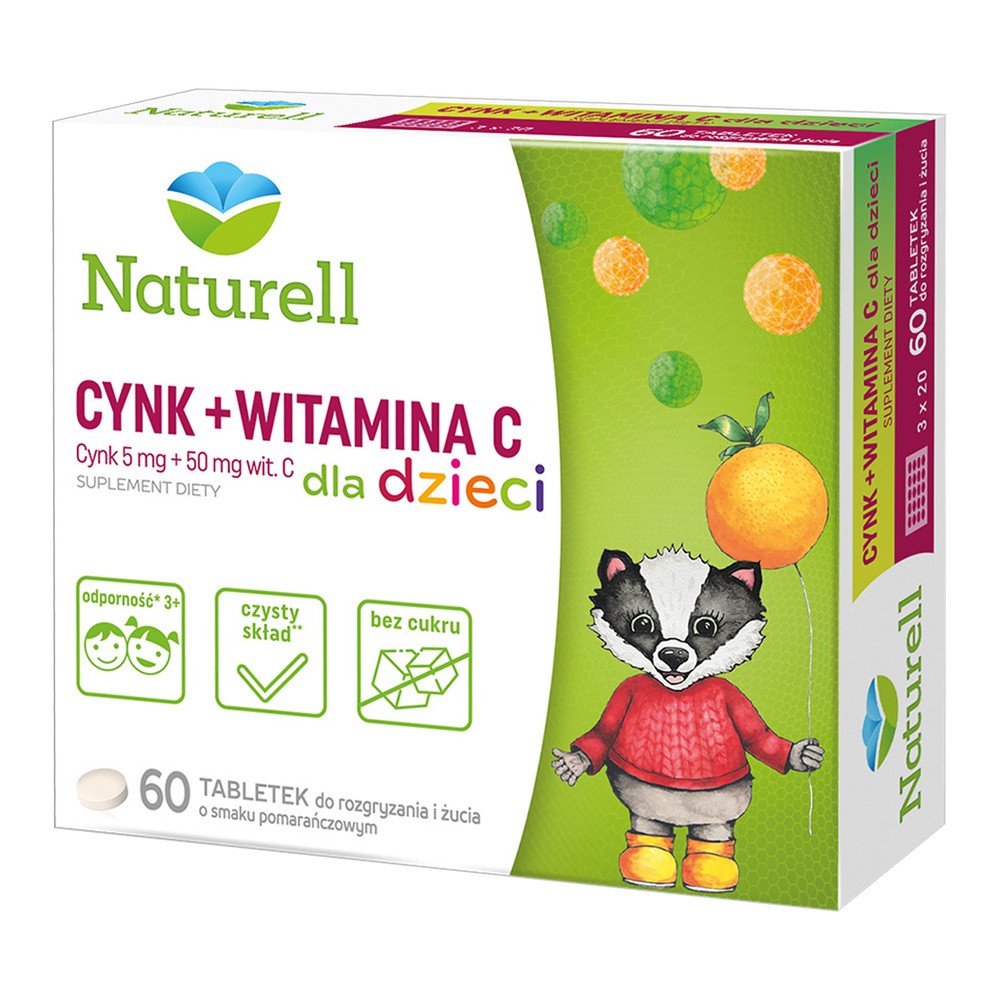 Naturell Cynk + Witamina C Dla Dzieci Tabletki Do Żucia 60 Tabletek