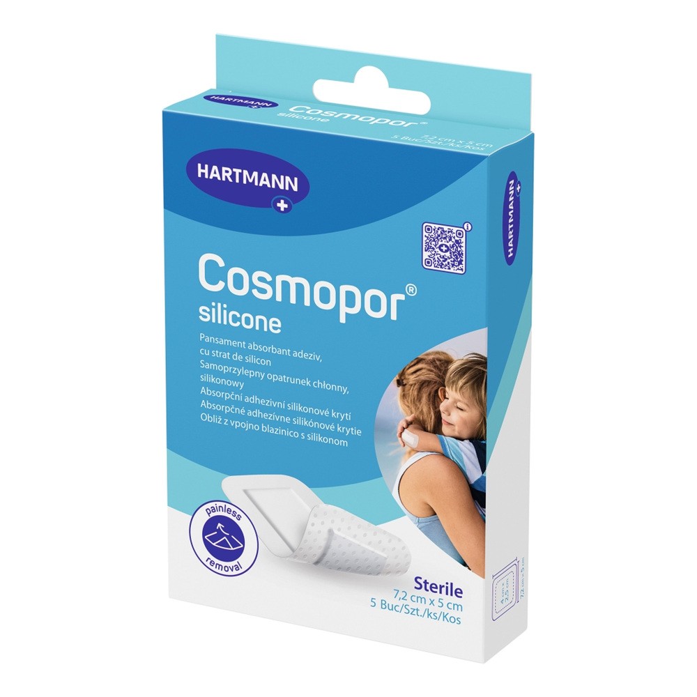 Hartmann Cosmopor silicone samoprzylepny opatrunek chłonny 7,2 cm x 5 cm 5 sztuk