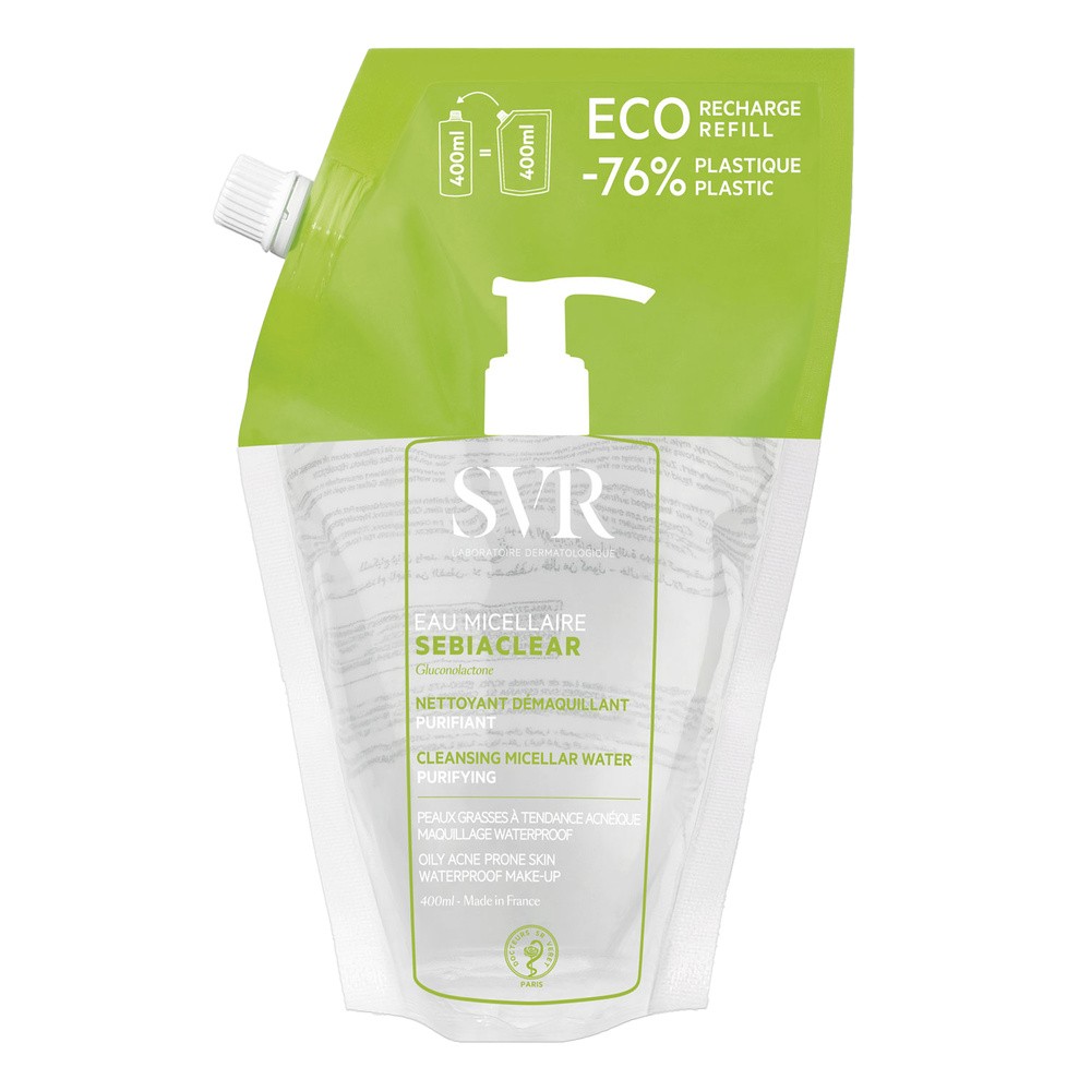 SVR Sebiaclear Eau Micellaire, oczyszczająca woda micelarna do skóry tłustej, mieszanej, trądzikowej, zapas, 400 ml