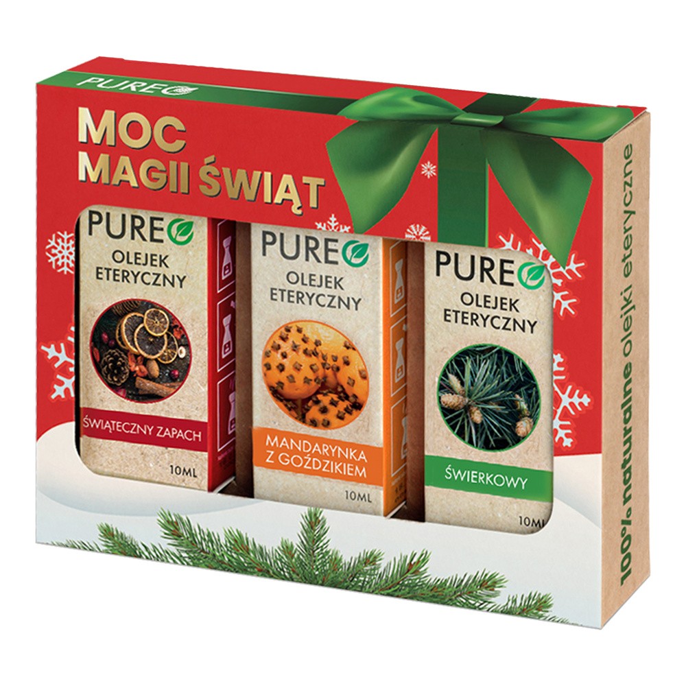 Zestaw Pureo Moc Magii Świąt, naturalne olejki eteryczne, świąteczny zapach, mandarynka z goździkiem, świerkowy, 3 x 10 ml