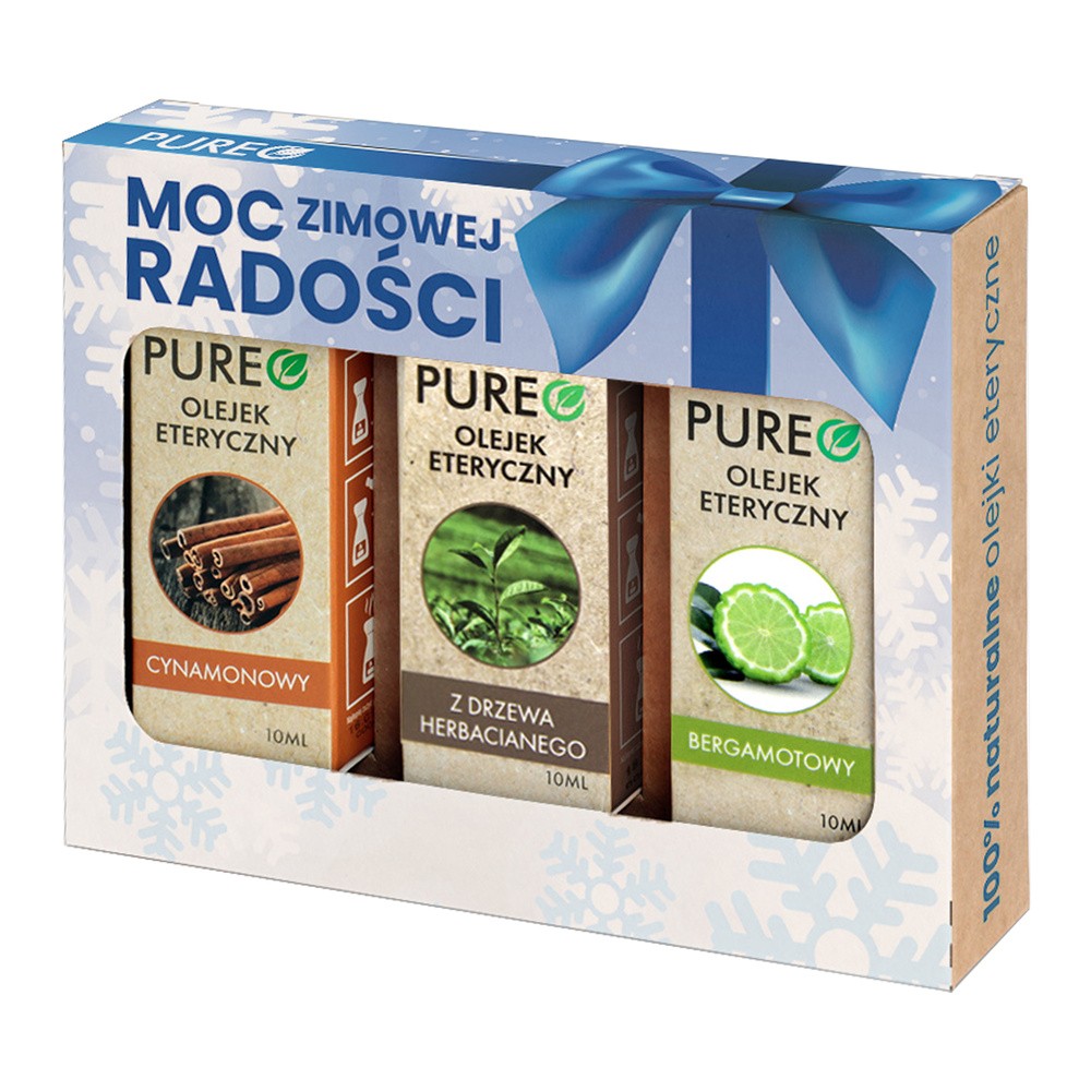 Zestaw Pureo Moc Zimowej Radości, naturalne olejki eteryczne, bergamota, drzewo herbaciane, cynamonowy, 3 x 10 ml