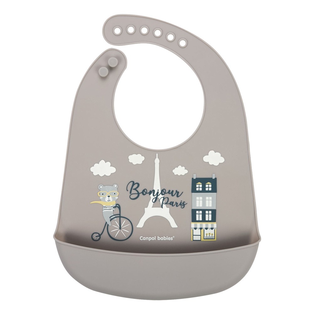 Canpol babies śliniak silikonowy z kieszonką Bonjour Paris beżowy 1 sztuka [74/027_bei] 1149020