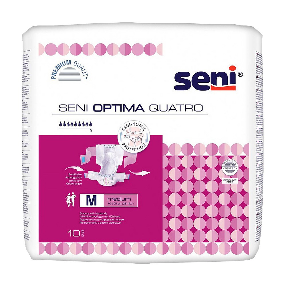 TZMO, Seni Optima Quatro, pieluchomajtki z regulowanym pasem biodrowym M, 10 sztuk