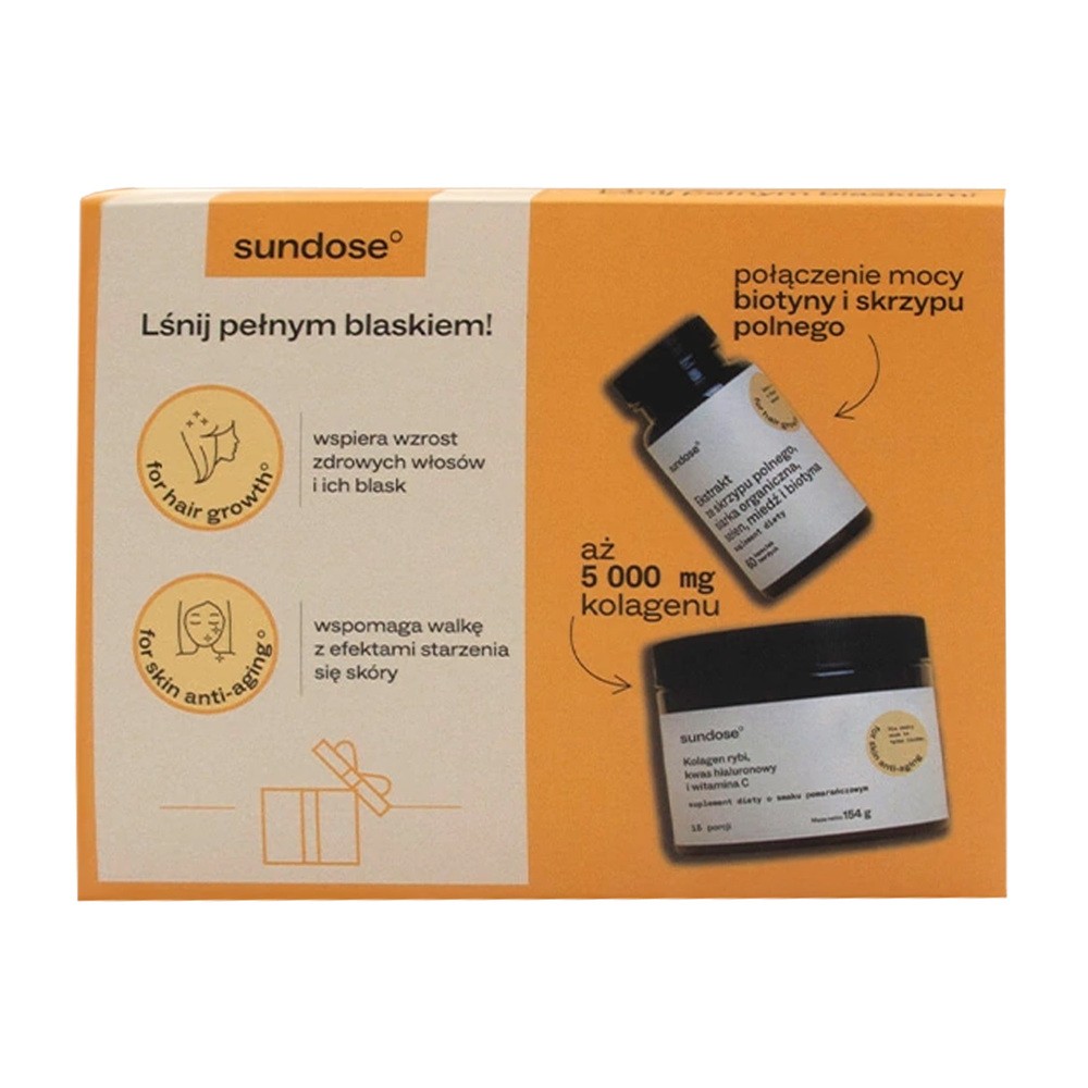Zestaw Sundose, For Skin Anti-Aging, proszek, 154 g + For Hair Growth, 60 kapsułek