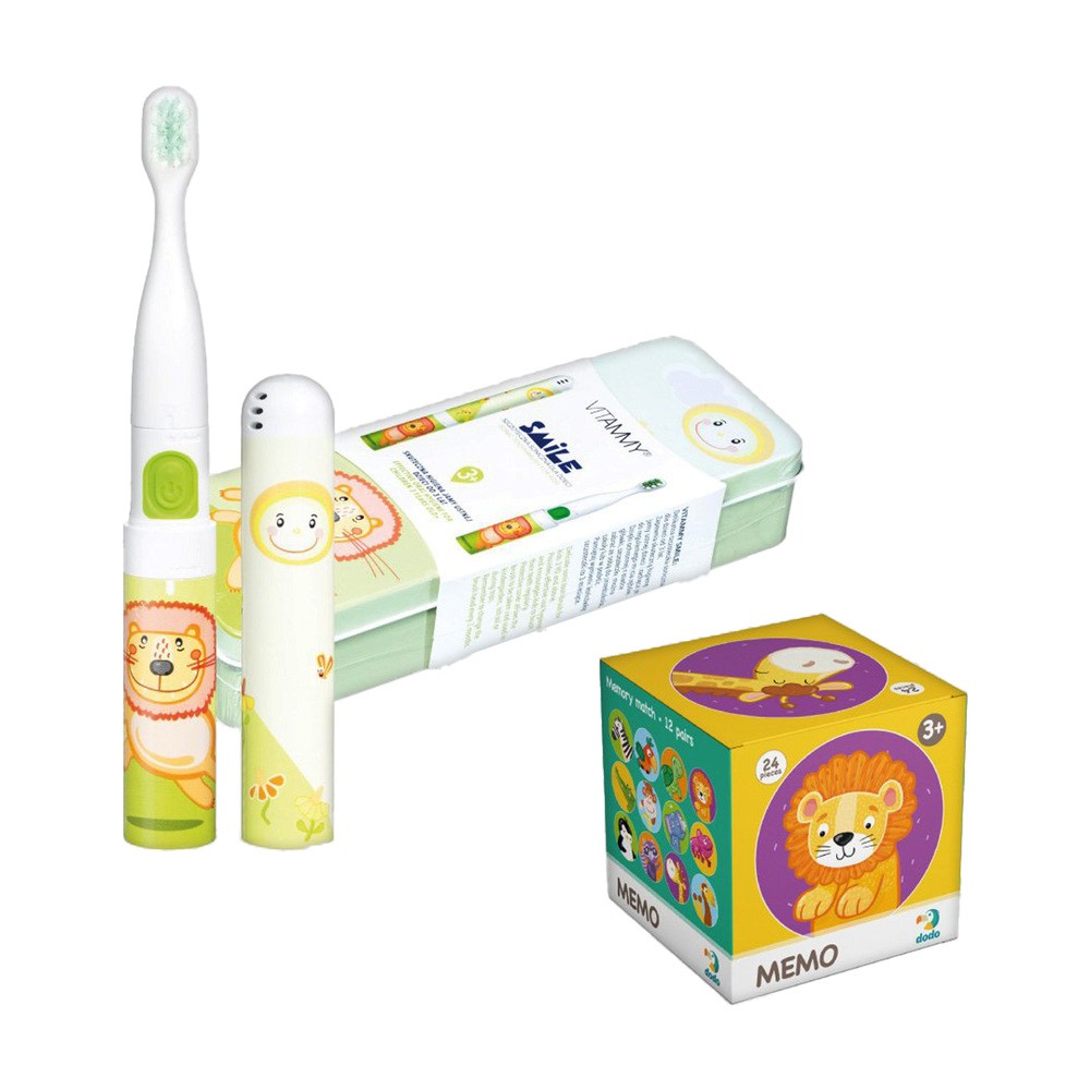 VITAMMY SMILE lew + DODO Memo lew Zestaw prezentowy szczoteczka soniczna do zębów dla dzieci i gra obrazkowa