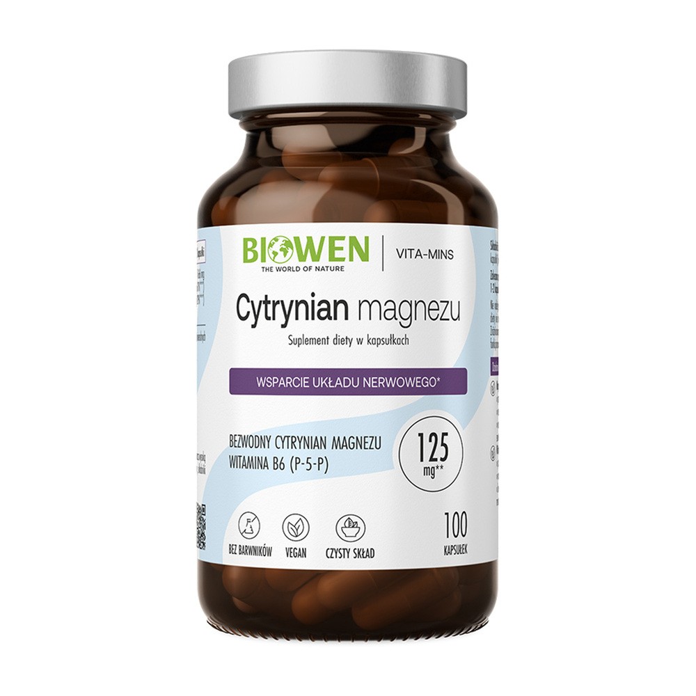 Biowen Cytrynian magnezu 825 mg z witaminą B6 (P-5-P) suplement diety 100 kaps.