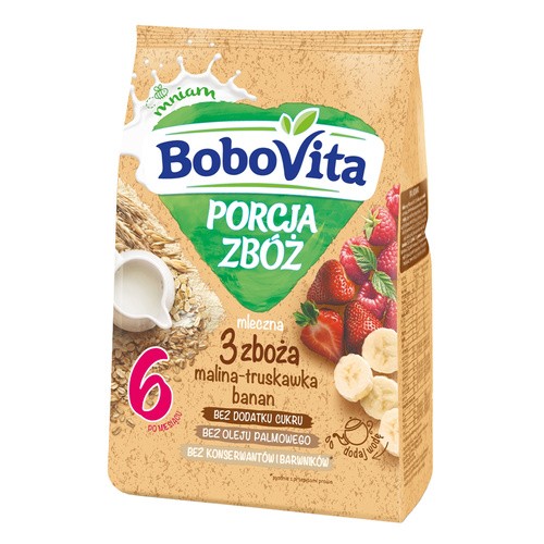Bobovita Porcja Zbóż Kaszka mleczna 3 zboża malina truskawka 210 g 5900852041150