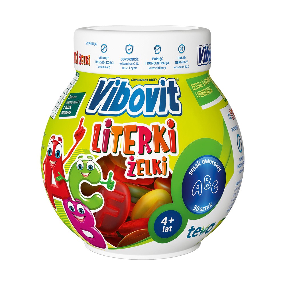 Suplement diety, Vibovit Literki żelki o smaku owocowym, dla dzieci, 50 szt.