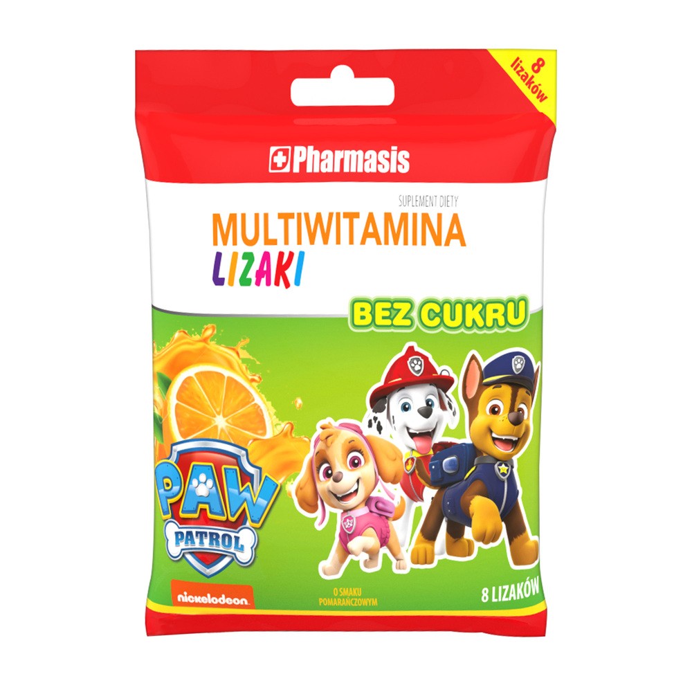 Pharmasis Multiwitamina Psi Patrol, lizak bez cukru, smak pomarańczowy, 8 sztuk