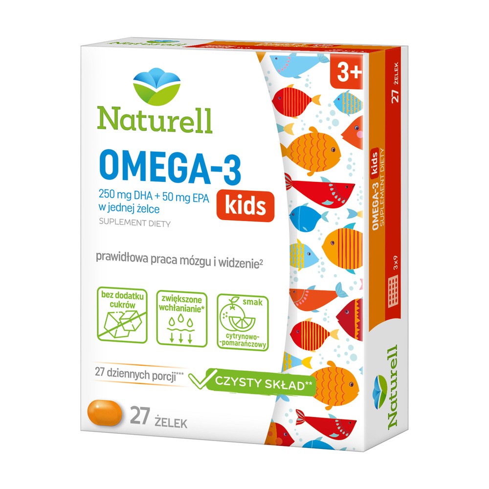 Naturell Omega-3 Kids, żelki powyżej 3 lat, smak cytrynowo-pomarańczowy, 27 sztuk