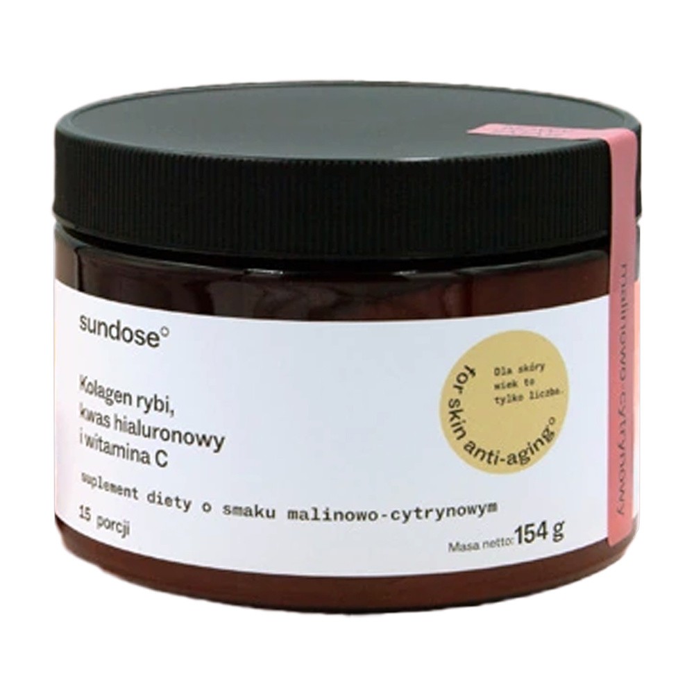 Sundose For Skin Anti-Aging, kolagen rybi, kwas hialuronowy i witamina C, smak malinowo-cytrynowy, 154 g