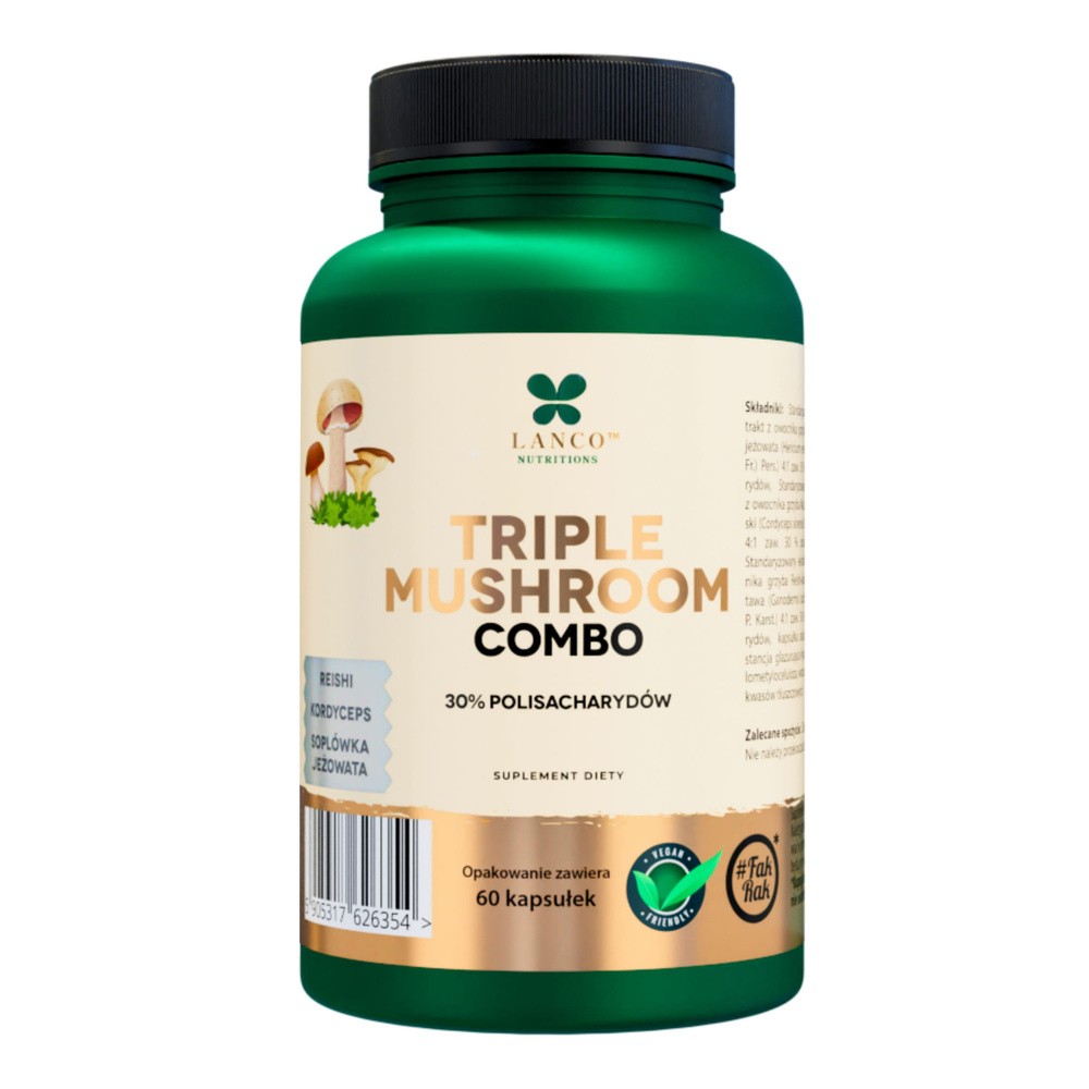 Suplement diety, Triple Mushroom Combo 600mg Soplówka Jeżowata Lions Mane Reishi Kordyceps, 60 kaps.