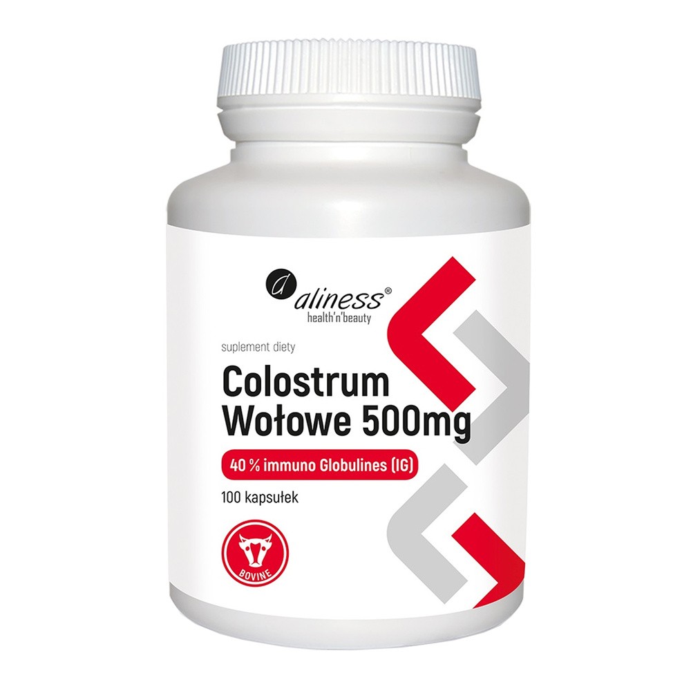 Aliness Colostrum wołowe 500mg 40% imuno Glbulines IG 100 kapsułek