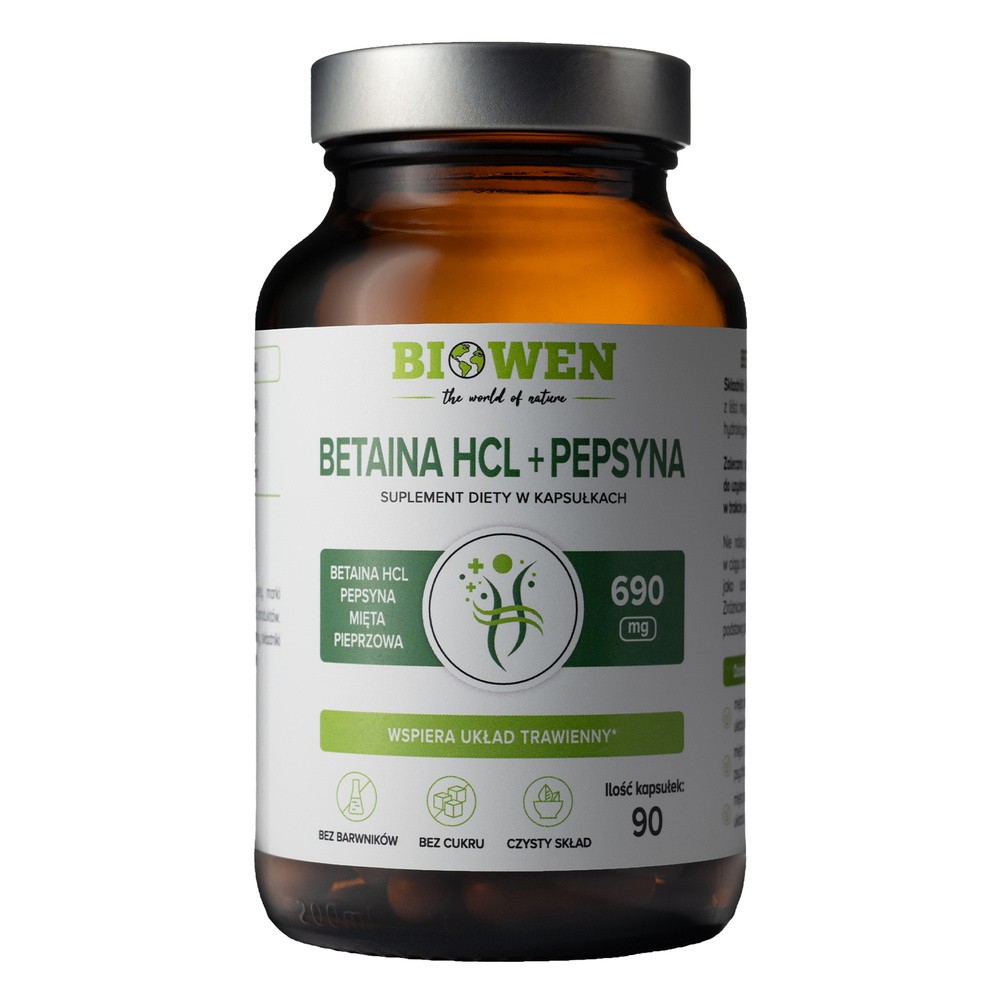 Betaina HCL + pepsyna + mięta pieprzowa Biowen 90 kapsułek - Układ trawienny