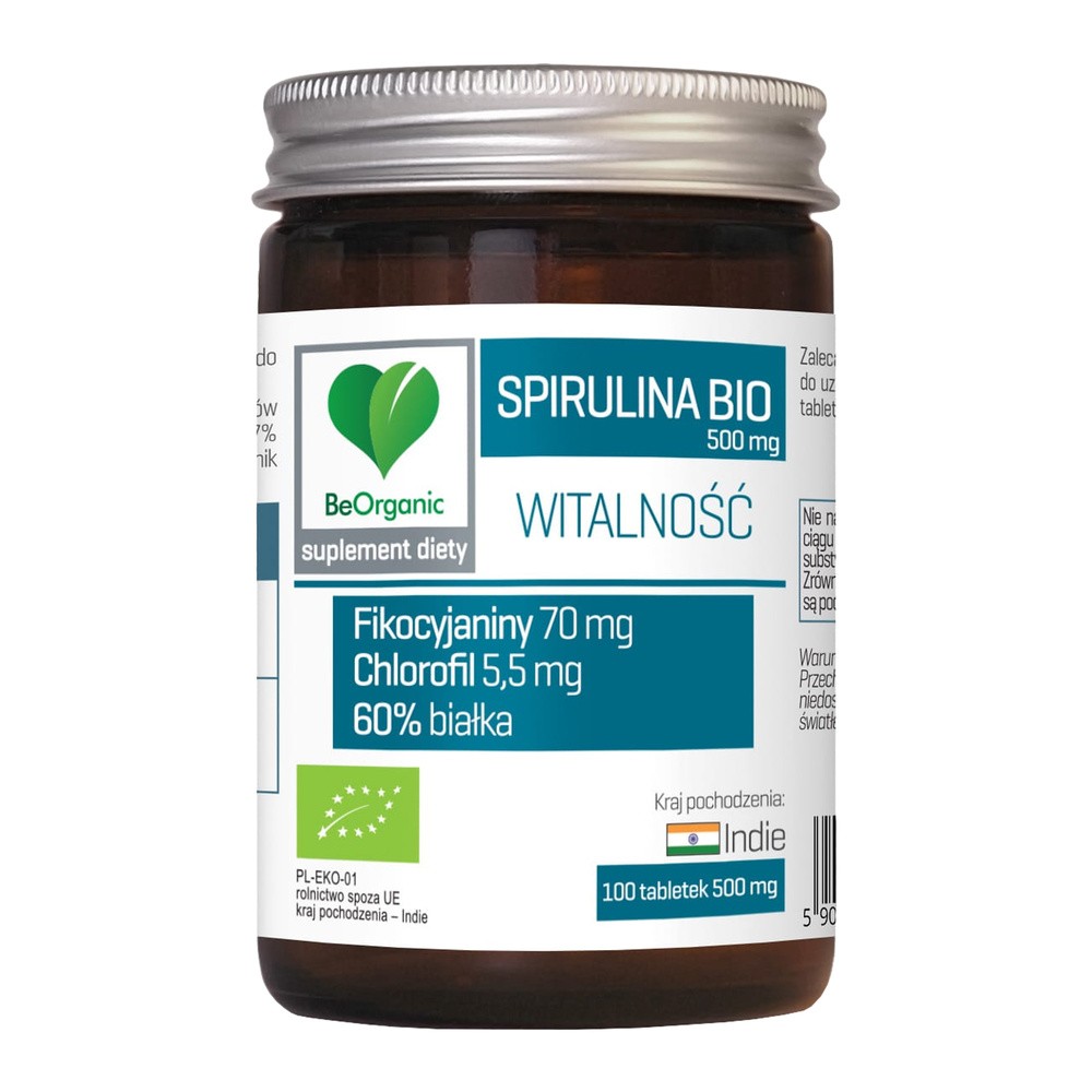Beorganic Spirulina Platensis BIO 500 mg Fikocyjaniny Chlorofil 60% Białka (100 tab) BeOrganic brg-034