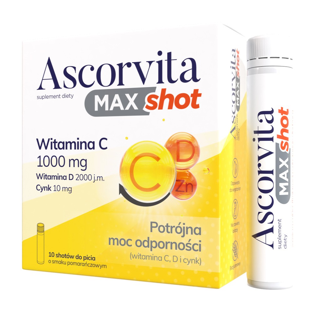 Suplement diety, Ascorvita Max Shot Witamina C Smak Pomarańczowy 10X 25 ml