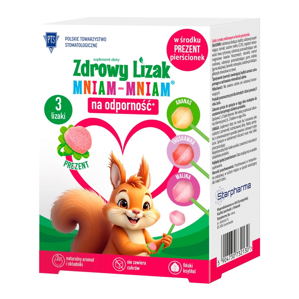 Starpharma Zdrowy lizak Mniam-Mniam z witaminą C i D o smaku ananasowym, malinowym i truskawkowym 3 sztuki + prezent 3738721