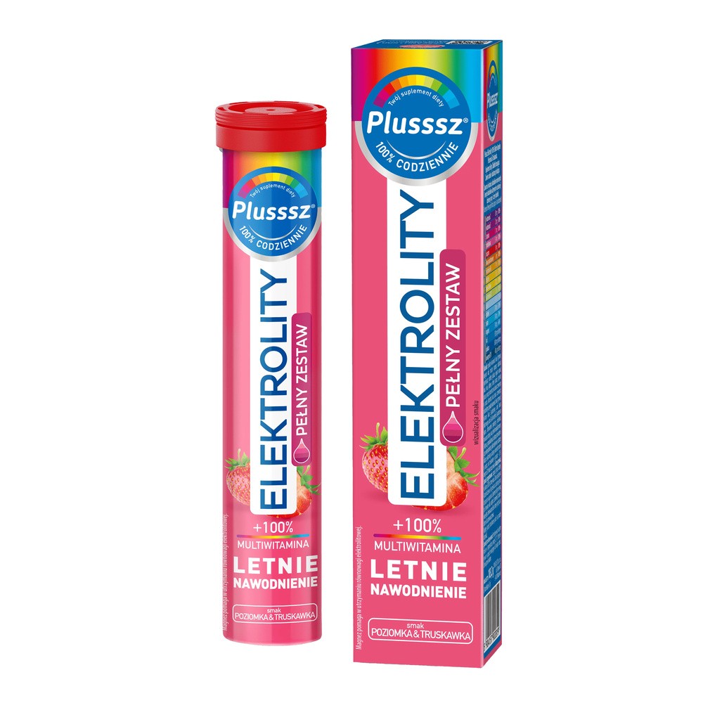 Plusssz Elektrolity + 100% Multiwitamina, smak poziomka-truskawka, 24 tabletki musujące