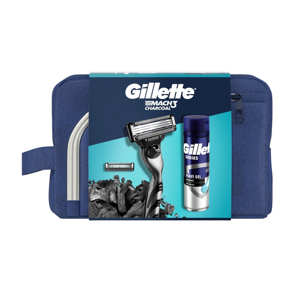 Gillette Mach3 Charcoal zestaw maszynka do golenia 1 szt. + żel do golenia Series Cleansing 200 ml + wymienna głowica 1 szt. + kosmetyczka M