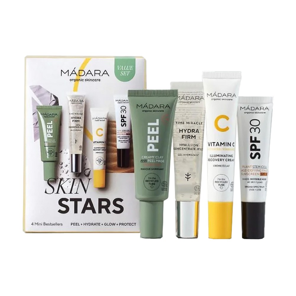 Zestaw Madara Skin Stars 4 Mini Bestseller Set, maska, 17 ml + serum nawilżające, 15 ml + krem z witaminą C, 15 ml + krem przeciwzmarszczkowy, 10 ml